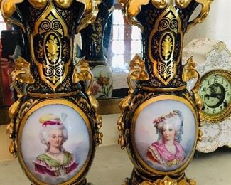 17"  OLD PARIS vases matching pair that feature Marie Antoinette and her mother Empress Maria Theresa