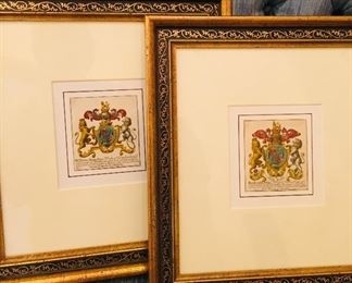 1741 English hand colored engravings of two family crests. 