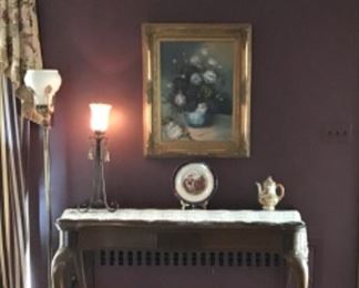 Console Table ( opens up, has two drawers needs refinishing or paint ) 