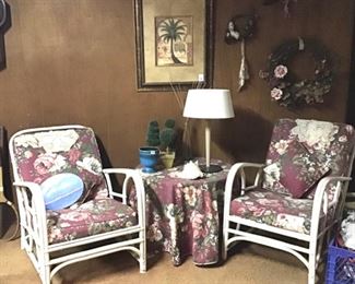 Pair of Rattan Chairs, Lightolier Lamp 
