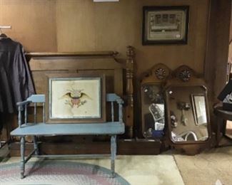 Vintage Bench, Pair Antique Mirrors 