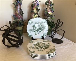 (11) Easter Decor: 3 Topiaries, 2 Iron Eggs, and 6 Dessert Plates