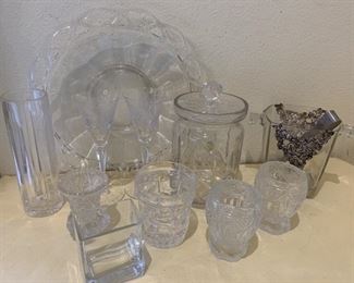 (9) Crystal Lot: Bohemian Czech Biscuit Jar, Arthur Court Ice Bucket with Tongs, Serving Platter, and more as pictured