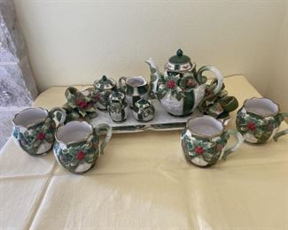 10) Cosmos Emerald Holiday Holly Tea Set - Set includes Platter, Salt and Pepper, Creamer and Sugar, Teapot, and 4 Mugs
