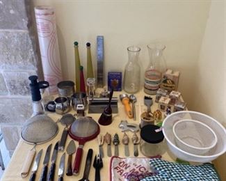 Lot of Kitchen Utensils, Carafes, Pot Holders, etc