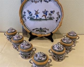 (8) AR France: Plate and 7 Handled Lidded Bowls