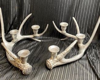 Metalized Actual Deer Antler Candle Holders Pair Cabin Lodge Chic