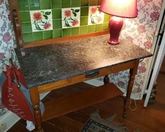 Antique Buffet Sideboard Server w/Marble and Tile
