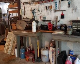 Misc. household tools, vintage gas cans, many different shop lights.