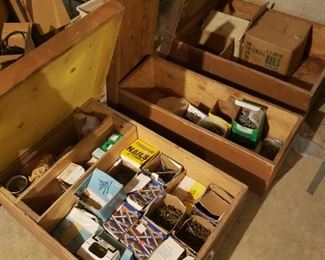 Nails, and screws in homemade wooden crates