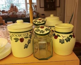 Apple theme water jug, pitcher, cookie jar, canisters and paper towel holder