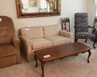 Lane coffee table, low back love seat, high back chair with golf theme upholstery 