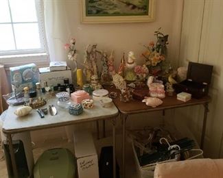 Vintage Perfume bottles, hair dryer, vintage powder containers, dresser items