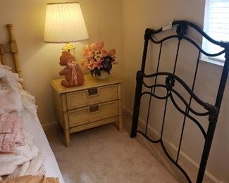 1970's Faux Bamboo Night stands, Antique heavy wrought iron twin bed head and foot board