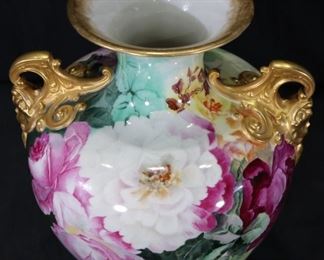 24 - Hand painted vase with flowers and gold paint, signed Belleek, dated 1904, 12 in. T, 10 in. W.