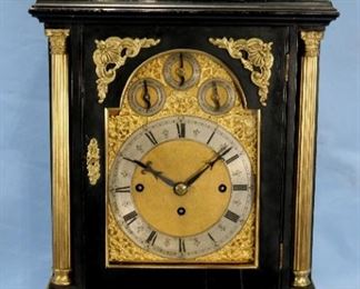 52 - Ebonized mahogany triple fusee musical bracket clock, antique George III style gilt-bronze mounted, impressive size and quality, 26 in. T, 15 in. W, 11 in. D.