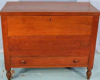 75 - TN cherry sugar chest with divider and drawer at bottom and sheraton turn legs, out of a Tenn. home, 29 in. T, 43 in. W, 20 in. D.