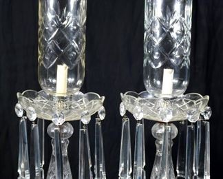 29 - Pair of crystal hurricane lamps with large 9 in. prisms, 22.5 in.  T.