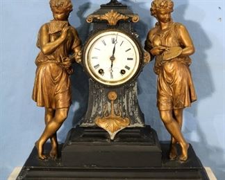 396 - Seth Thomas metal mantle clock with 2 women figures, 17 in. T, 15 in. W, 7 in. D.