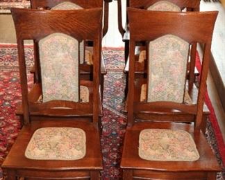 63 - 8 quarter sawn oak dining chairs, 41 in. T, 18 in. W, 18 in. D.
