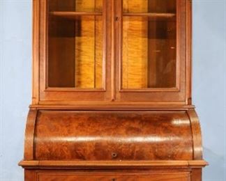 65 - Walnut mechanical cylinder roll top secretary desk with burl trim, Victorian, 8 ft. T, 4 ft. W, 21 in. D.