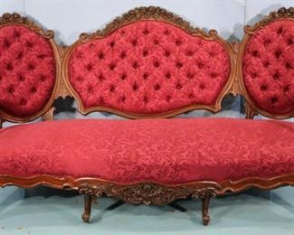77 - Rosewood triple back parlor sofa, heavily carved attrib. to A. Roux, 41 in. T, 78 in. W, 21 in. D.