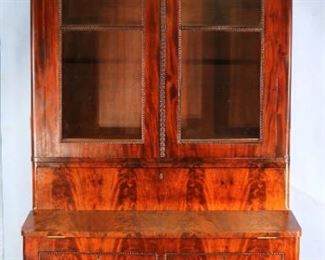 76 -  Flamed mahogany slant front secretary, period Empire with all beaded trim in place, great condition, 98 in. T, 46 in. W, 21 in. D.