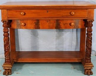 81 - Mahogany acanthus carved server with claw feet and column front with extra drawer, 34 in T, 46 in. W, 20 in. D.