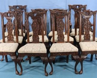 85 - 12 Heavily carved oak dining chairs attrib. to Horner, 2 arm chairs -  46 in. T, 23 in. W, 20 in. D., and 10 side chairs - 42 in. T, 19 in. W, 16 in. D.