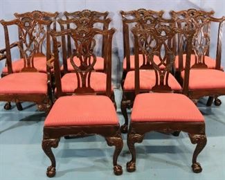 110 - Contemporary Set of 10 mahogany Chippendale dining chairs signed Henredon, 40 in. T, 27 in. W, 18 in. D.