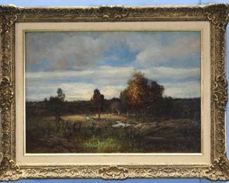 160- Contemporary Oil on canvas of pasture scene in great gold frame, signed J. Semons, 20 x 25
