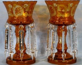 179 - Pair of amber Bohemian lusters, 12 in. T, 7 in. W.