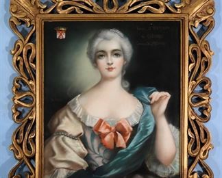404 - Pastel painting of lady in gold gilded wood frame with Royal seal and French signature