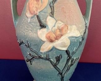 Roseville "Magolia" tall vase #97-14" blue with white/pink flowers, circa. 1943