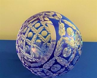 Cased crystal bowl/sweets basket, blue cut to clear, Russian.
