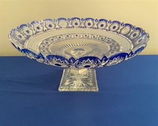 Bohemian cobalt blue cut to clear footed crystal bowl