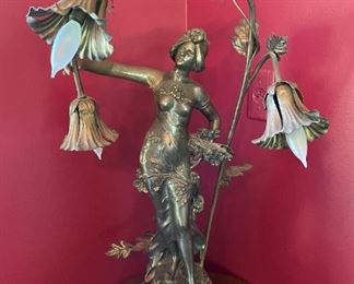 Bronze lamp sculpture, "Fleurs de Printemps" by Auguste Louis Mathurin Moreau
