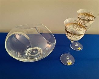 Cut glass signed bowl and two vintage hand crafted unikat goblets