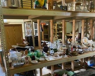 Metal Shelving is for sale. Antique Glassware, household items