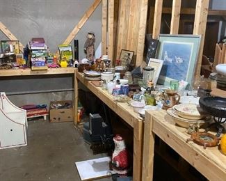 Wooden Shelving is for sale. Antique Glassware, household items.  Toys, board games, pictures.  