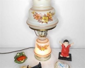 Assorted Decorative Items Including A Vintage Hurricane Table Lamp