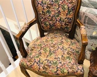 Pair of French style tapestry and carved wood nail head trim arm chairs