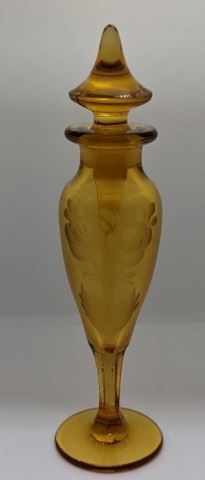 24 - Amber Glass Perfume Bottle w/ Cutting -Heisey? 7" tall Stopper is intact

