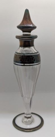 26 - Silver Overlay Glass Perfume Bottle - Heisey? 8" tall Hexagon stem
