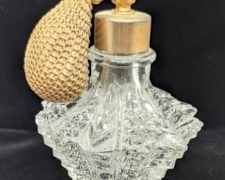 27 - Pressed Glass Atomizer Perfume Bottle 4" tall One tip chipped
