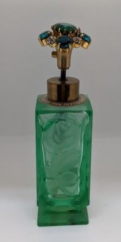 29 - Irving W. Rice Glass Intaglio Cut Perfume Bottle 4 3/4" tall Atomizer
