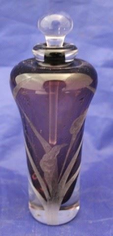 32 - Crystal & Amethyst Perfume - Calla Lilly cut 6 1/2" tall Etched script signature on bottom Bottom of stopper rough

