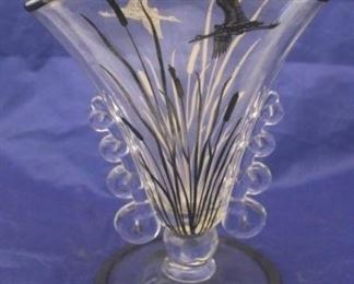 37 - Heisey Lariat Silver Overlay Glass Fan Vase 7 1/2"
