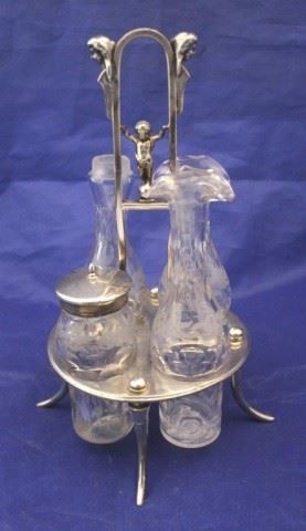 38 - Silver Plated Etched Glass Caster Set 9" tall
