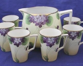 43 - Nippon Hand Painted 7 pc Pitcher w/ 6 cups Set

